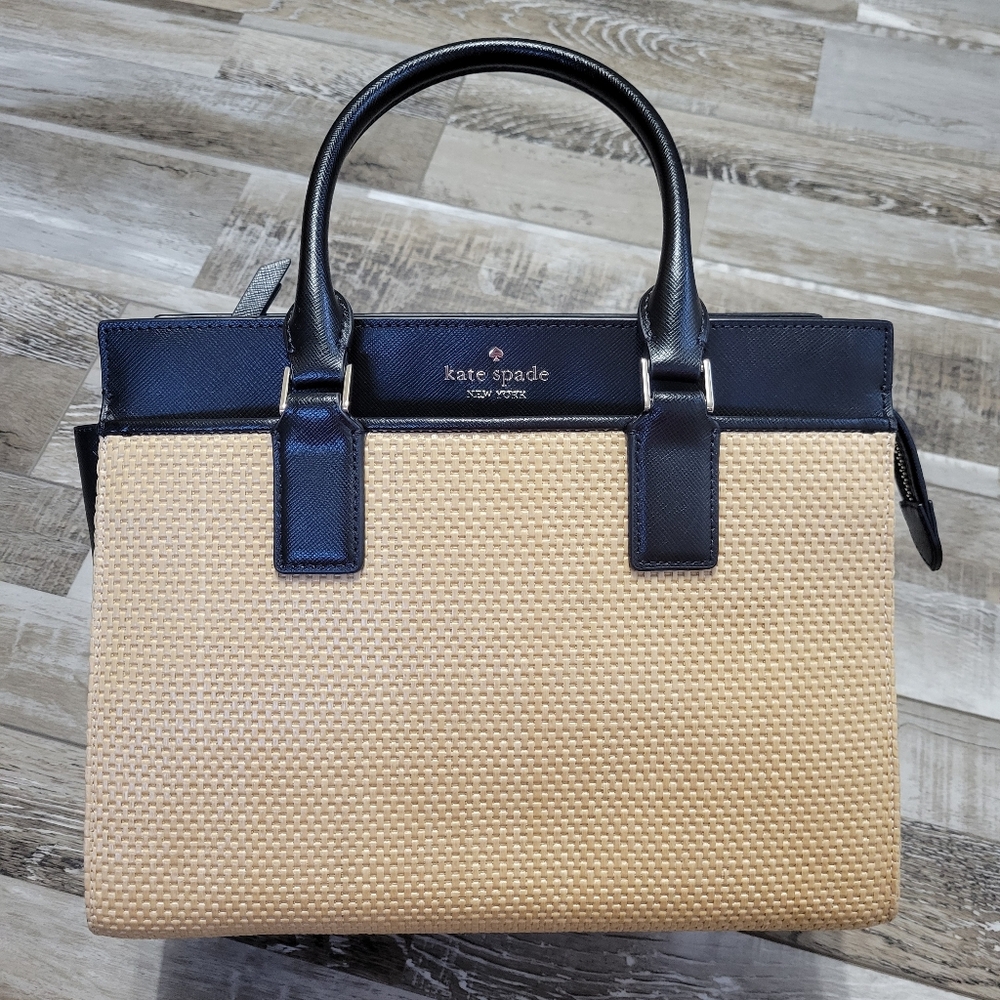 Kate Spade Cameron Black Leather and Woven Straw Medium Satchel